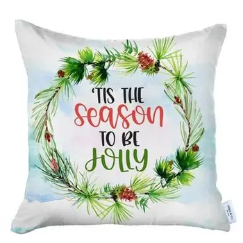 Set of Four Green Red and White Merry Christmas Tis the Season Christmas Wreath Fabric Throw Pillows