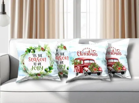Set of Four Green Red and White Merry Christmas Tis the Season Christmas Wreath Fabric Throw Pillows