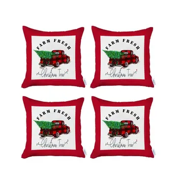 Set of Four 18" Red White and Black Farm Fresh Christmas Tree Christmas Holiday Red Truck Plaid Fabric Throw Pillow Covers