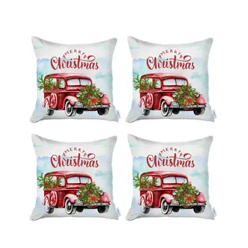 Set of 4 Merry Christmas Vintage Red Car Thow Pillow Covers