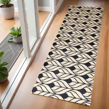 2' X 6' Graphite and Tan Abstract Leaves Washable Runner Rug