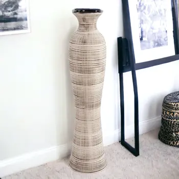 31" Beige And Brown Striped Bud Ceramic Floor Vase
