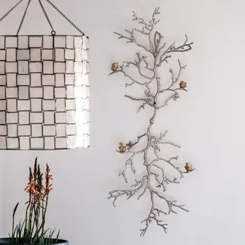 44" Silver And Gold Aluminum Branches And Birds Hanging Dimensional Sculpture
