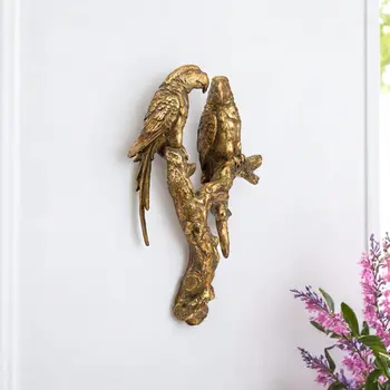 13" Antiqued Gold Parrots Hanging Dimensional Sculpture