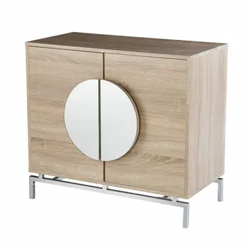 32" Natural and Chrome Mirrored Circle Double Door Bar Cabinet