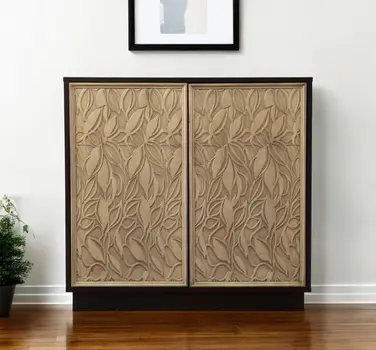 32" Dark Brown And Natural Carved Floral Sideboard with Two Doors