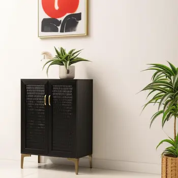 Modern Rustic Black Gold and Faux Rattan Bar Cabinet