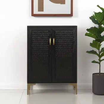 Modern Rustic Black Gold and Faux Rattan Bar Cabinet