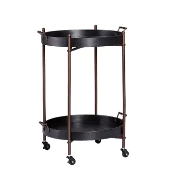21" Black And Bronze Wood And Iron Round Rolling Bar Cart