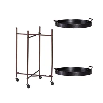 21" Black And Bronze Wood And Iron Round Rolling Bar Cart