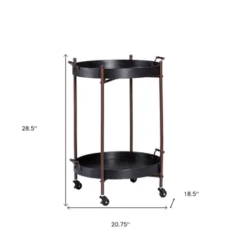 21" Black And Bronze Wood And Iron Round Rolling Bar Cart