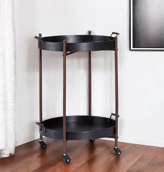 21" Black And Bronze Wood And Iron Round Rolling Bar Cart