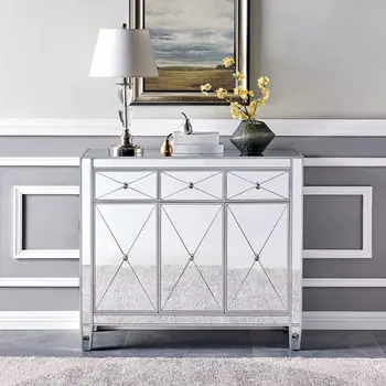 40" Silver Glass Three Drawer Sideboard with Three Doors