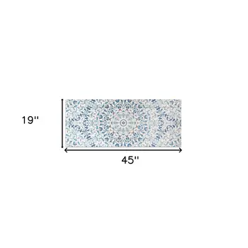 19" X 45" Shades of Blue Ornate Floral Medallion Wood Plank Wall Art