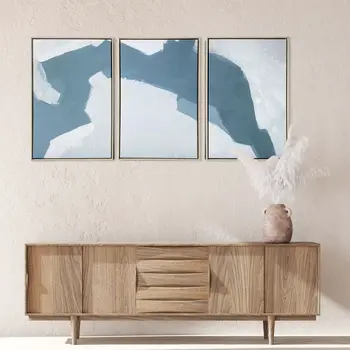 Set Of Three Blues and Grays Abstract Framed Canvas Wall Art Floater Frame Graphic Art Wall Art