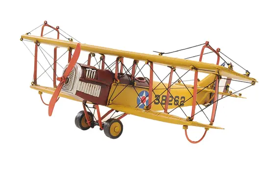 4" Yellow Metal Hand Painted Model Airplane Tabletop Sculpture
