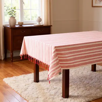 71" X 95" Red And White Striped Cotton Tablecloths