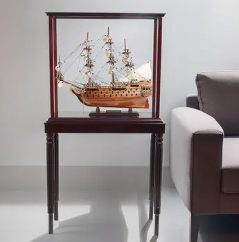 50" Wood Brown Solid Wood Hand Painted Model Boat Tabletop Sculpture