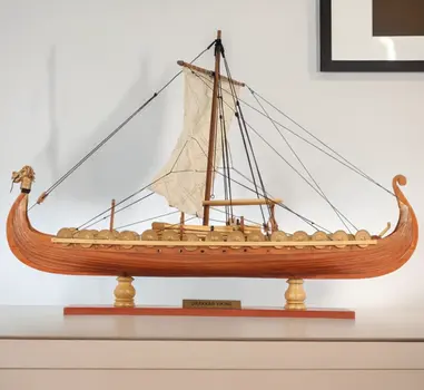 13" Wood Brown Solid Wood Hand Painted Model Boat Tabletop Sculpture