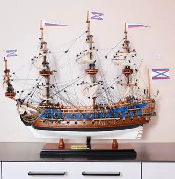 22" Blue and Brown Solid Wood Hand Painted 1700 Goto Predestination Medium Model Boat
