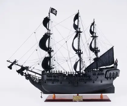 24" Black Solid Wood Hand Painted Model Boat Tabletop Sculpture