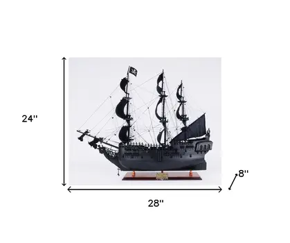 24" Black Solid Wood Hand Painted Model Boat Tabletop Sculpture