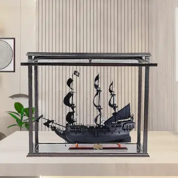 30" Black Solid Wood Hand Painted Black Pearl Pirate Medium Open Display Case Model Boat