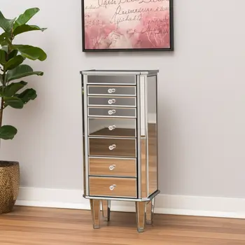 18" Silver Mirrored Writing Desk With Seven Drawers
