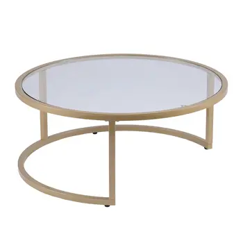 Set of Two Gold Glass Round Nested Coffee Tables