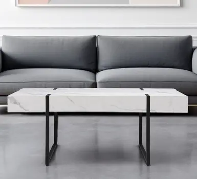 43" White And Black Faux Marble And Metal With Iron Coffee Table