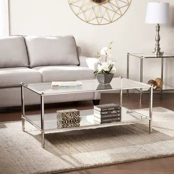 43" Silver Mirrored And Metal Rectangular Mirrored Coffee Table