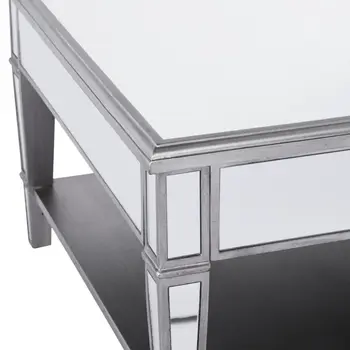 29" Silver Mirrored Square Coffee Table With Shelf