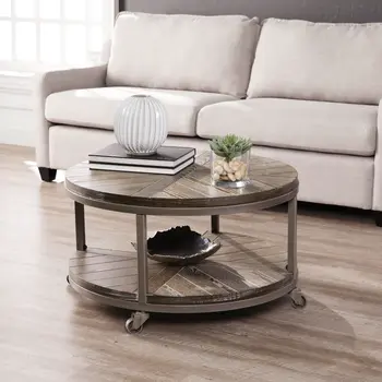 32" Brown Wood And Iron With Iron Round Distressed Coffee Table