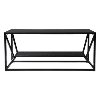 42" Black Glass Faux Marble And Metal Coffee Table With Shelf