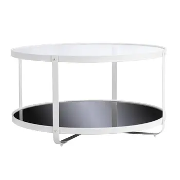 32" White Glass And Metal Two Tier Round Coffee Table