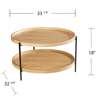 33" Natural and Black Wood and Metal Round Coffee Table