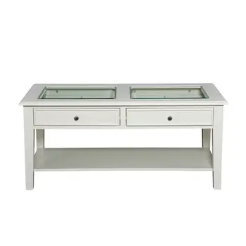 44" Off And White And Off-White Glass And Metal Rectangular Coffee Table