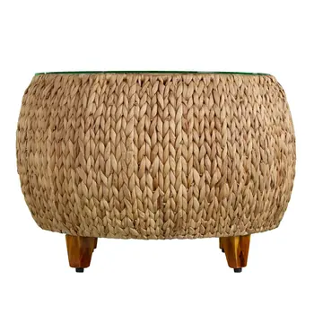 28" Natural And Natural Brown Glass And Solid Wood Square Coffee Table