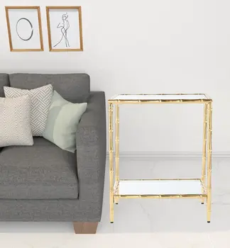 23" Gold Glass Top Square End Table With Shelf