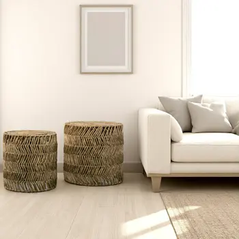 Set Of Two 18" Natural Woven Rattan End Tables