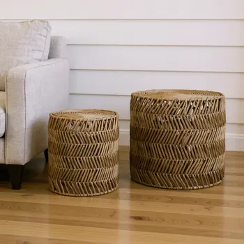 Set Of Two 18" Natural Woven Rattan End Tables