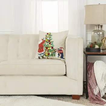 Ivory Vintage Santa and Penguin Christmas Throw Pillow