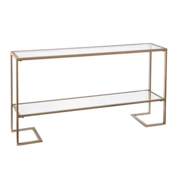 52" Clear and Gold Glass Mirrored Sled Console Table With Shelves