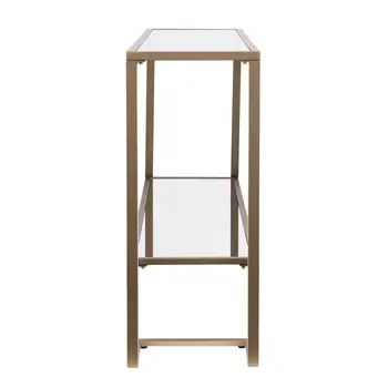 52" Clear and Gold Glass Mirrored Sled Console Table With Shelves