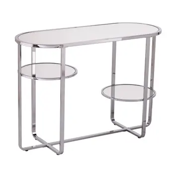 42" Silver Mirrored Glass Oval Cross Leg Console Table With Shelves