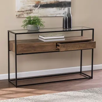 48" Clear and Black Glass Frame Console Table With Storage With Storage