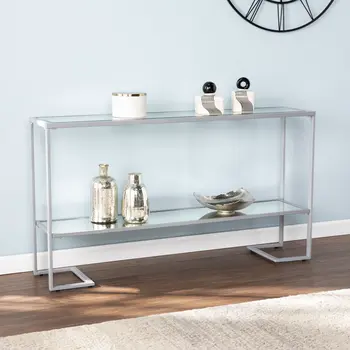 52" Clear and Silver Glass Sled Console Table With Shelves