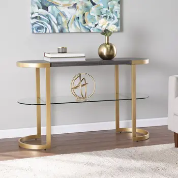 49" Gray and Gold Solid Wood Oval Sled Console Table With Storage