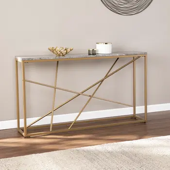 52" Gray and Gold Faux Marble Frame Console Table