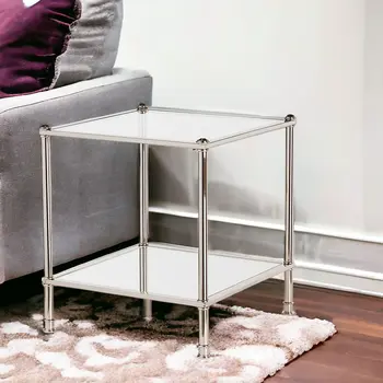 24" Silver Glass And Iron Square Mirrored End Table